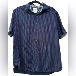 Denim & Flower Slim Short Sleeve Navy Blue Pink Polka Dots Button Down